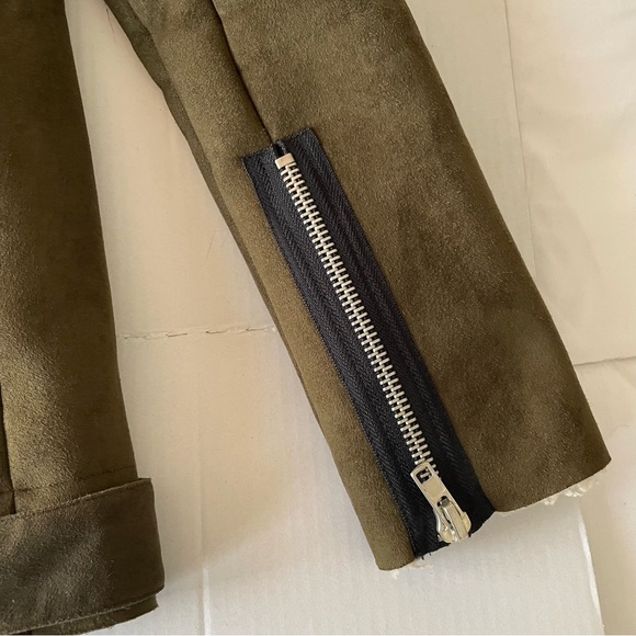 J.O.A. Olive Bomber Jacket withShearling Collar Faux Suede Sherpa Moto Cabincore - Picture 10 of 14